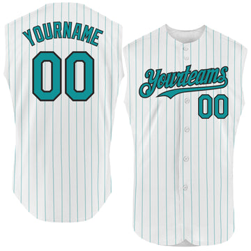 Custom White Teal Pinstripe Black Authentic Sleeveless Baseball Jersey