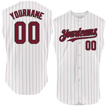 Custom White Crimson Pinstripe Black Authentic Sleeveless Baseball Jersey