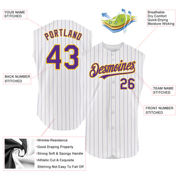 Custom White Purple Pinstripe Gold Authentic Sleeveless Baseball Jersey