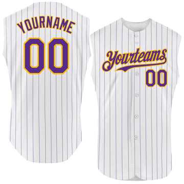 Custom White Purple Pinstripe Gold Authentic Sleeveless Baseball Jersey