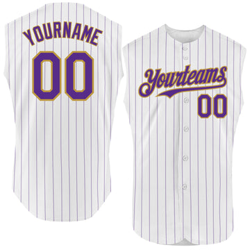 Custom White Purple Pinstripe Old Gold Authentic Sleeveless Baseball Jersey