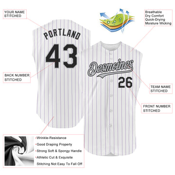 Custom White Purple Pinstripe Black-Gray Authentic Sleeveless Baseball Jersey