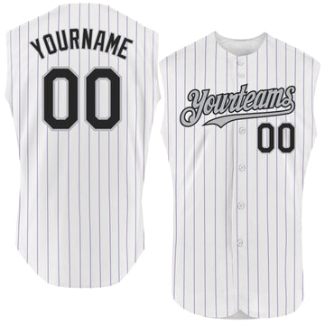 Custom White Purple Pinstripe Black-Gray Authentic Sleeveless Baseball Jersey