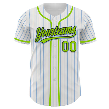 Custom White Light Blue Pinstripe Neon Green-Black Authentic Baseball Jersey