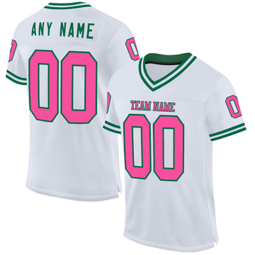 Custom White Pink-Kelly Green Mesh Authentic Throwback Football Jersey