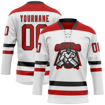 Custom White Red-Black Hockey Lace Neck Jersey