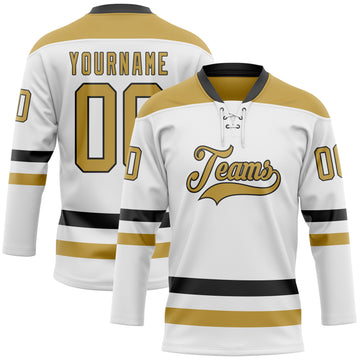 Custom White Old Gold-Black Hockey Lace Neck Jersey