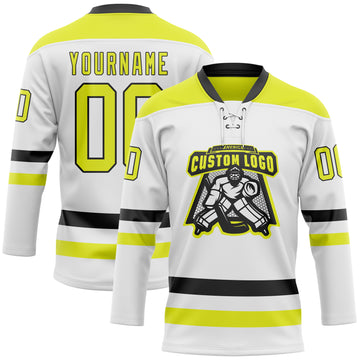 Custom White Neon Yellow-Black Hockey Lace Neck Jersey