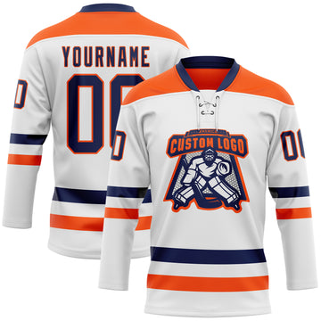 Custom White Navy-Orange Hockey Lace Neck Jersey