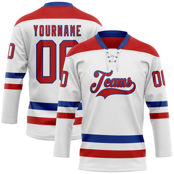 Custom White Red-Royal Hockey Lace Neck Jersey