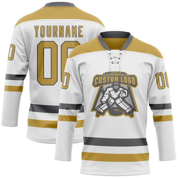 Custom White Old Gold-Steel Gray Hockey Lace Neck Jersey