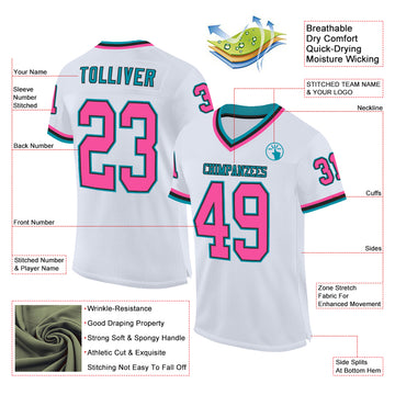 Custom White Pink Black-Teal Mesh Authentic Throwback Football Jersey