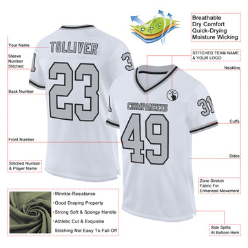 Custom White Gray-Black Mesh Authentic Throwback Football Jersey