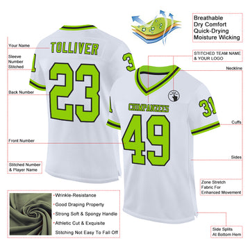 Custom White Neon Green-Black Mesh Authentic Throwback Football Jersey