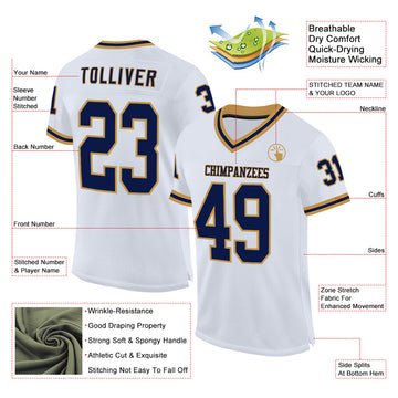 Custom White Navy-Old Gold Mesh Authentic Throwback Football Jersey