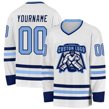 Custom White Light Blue-Navy Hockey Jersey