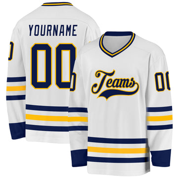 Custom White Navy-Gold Hockey Jersey