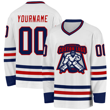 Custom White Navy-Red Hockey Jersey