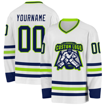 Custom White Navy-Neon Green Hockey Jersey