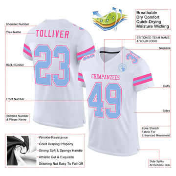 Custom White Light Blue-Pink Mesh Authentic Football Jersey