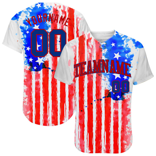 Custom White Royal-Red 3D American Flag Fashion Authentic Baseball Jersey