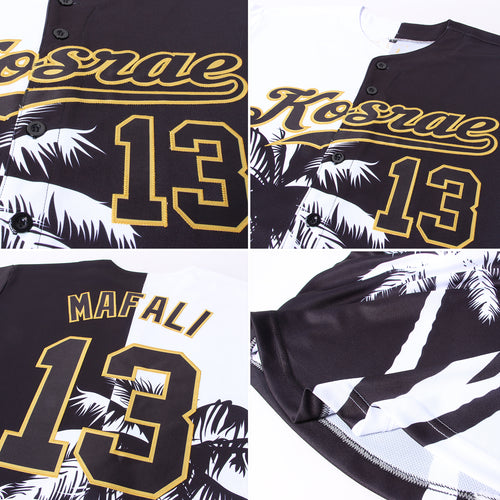 Custom Black Gold 3D Pattern Design Hawaii Palm Trees Island and Sailboat Authentic Baseball Jersey Men's Size:3XL