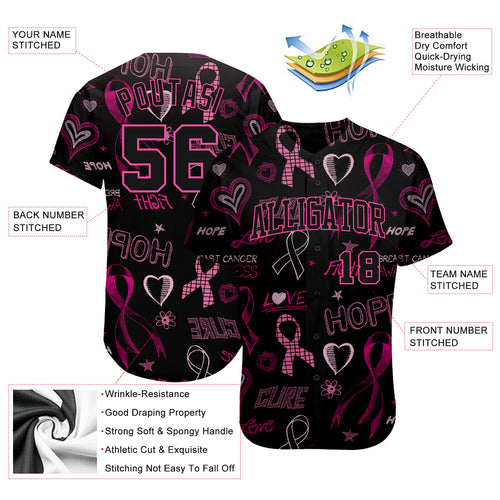 Custom Baseball Jersey 3D Pink Ribbon Breast Cancer Awareness Month Women Health Care Support Authentic Youth Size:M