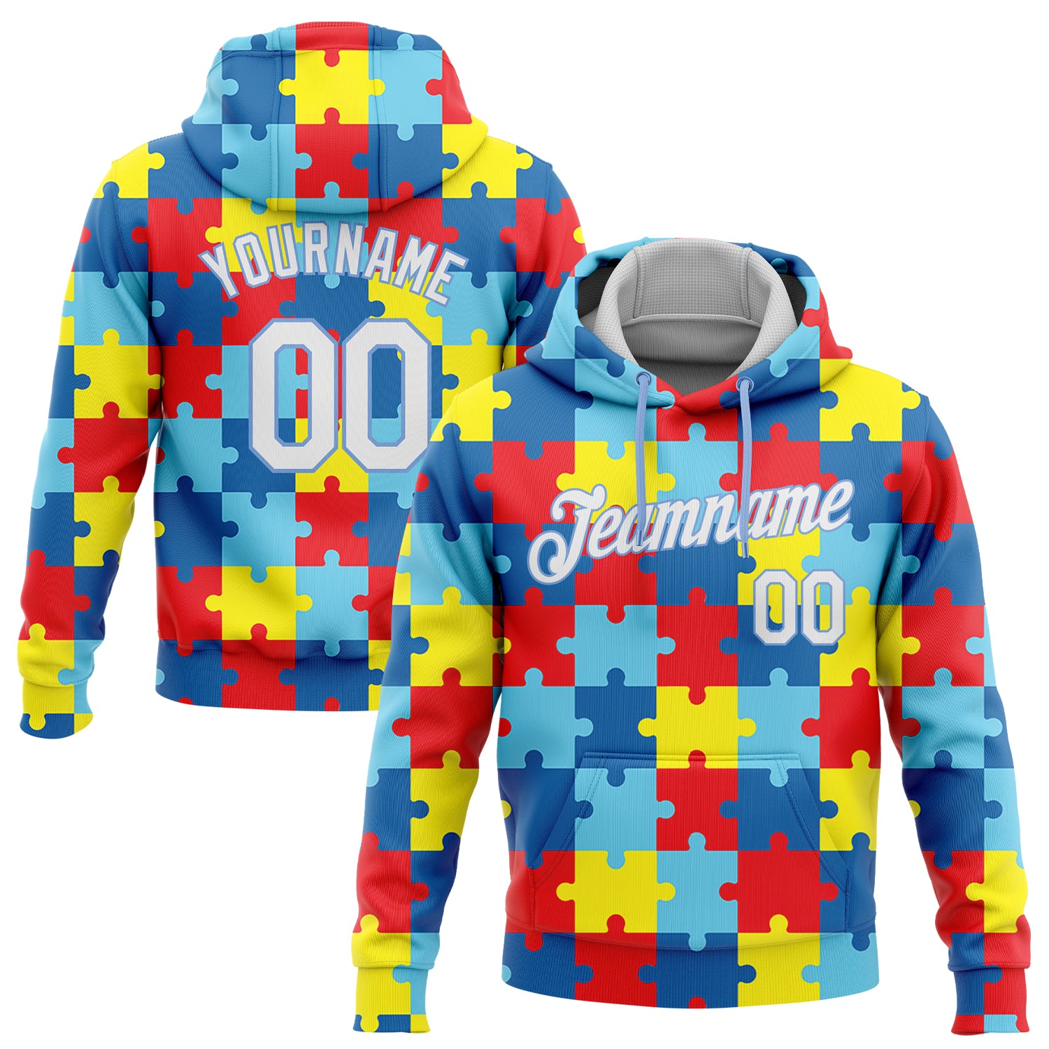 Custom Stitched Autism Awareness Puzzle Pieces White Light Blue 3D Pattern Design Sports Pullover Sweatshirt Hoodie Discount