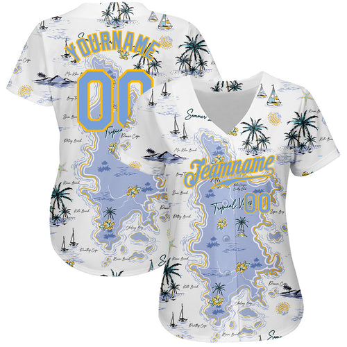 Custom White Blaze Orange-Olive 3D Pattern Design Beach Coconut Palms Island and Sailboat Authentic Baseball Jersey Women's Size:M