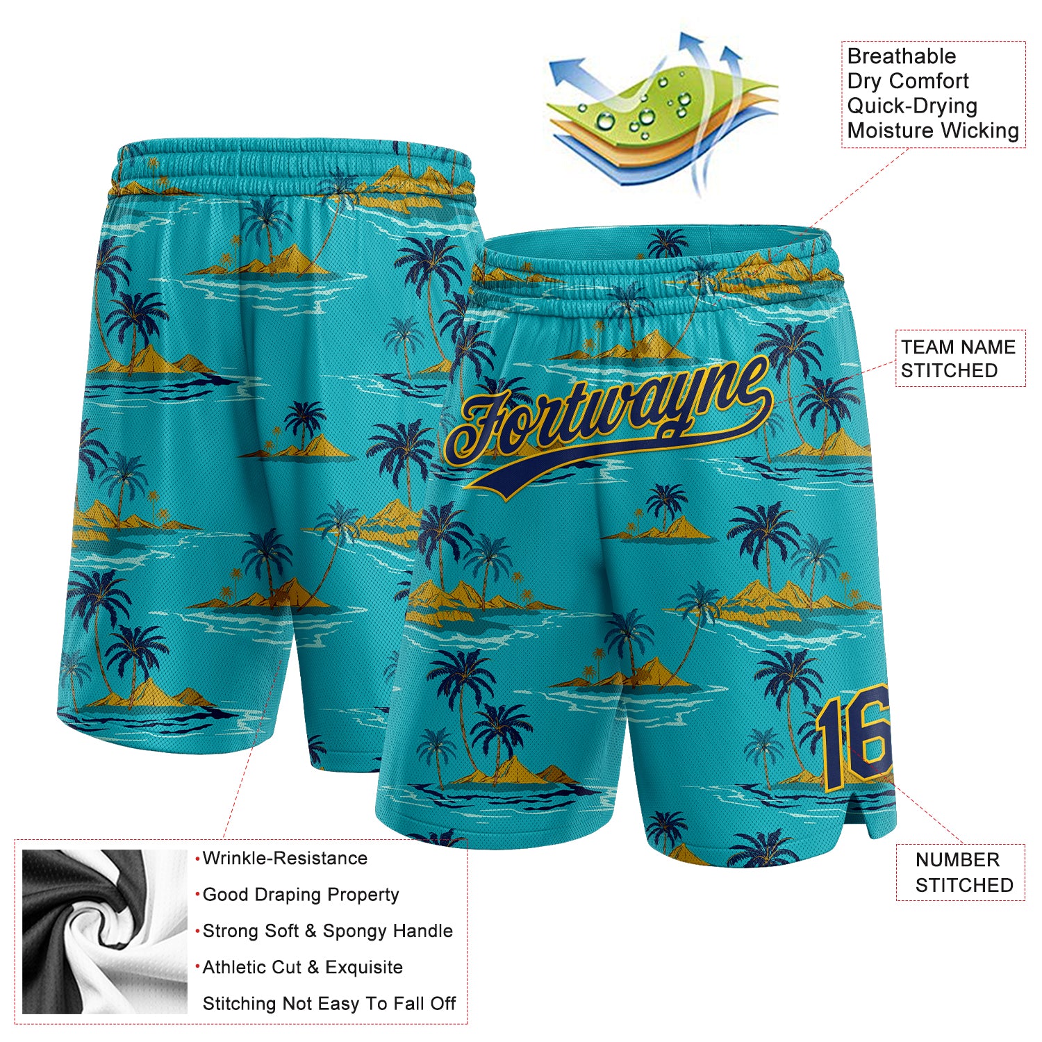 Custom Teal Navy Yellow 3D Pattern Hawaii Palm Trees And Island