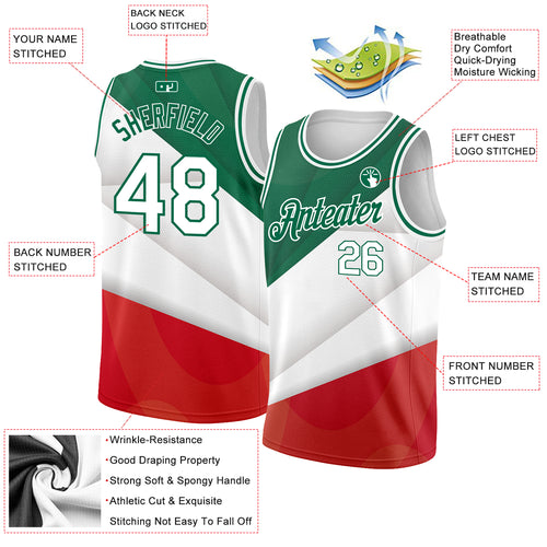 Custom Kelly Green Red-White 3D Mexico Watercolored Splashes Grunge Design  Authentic Basketball Jersey