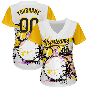 Custom White Black-Yellow 3D Pattern Design Music Festival Abstract Drum Set In Splash Authentic Baseball Jersey