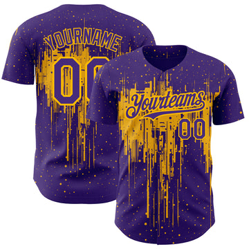 Custom Purple Gold 3D Pattern Design Dripping Splatter Art Authentic Baseball Jersey