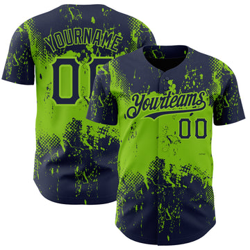 Custom Navy Neon Green 3D Pattern Design Abstract Splatter Grunge Art Authentic Baseball Jersey