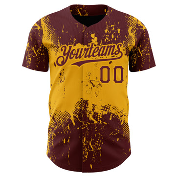 Custom Burgundy Gold 3D Pattern Design Abstract Splatter Grunge Art Authentic Baseball Jersey