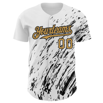 Custom White Old Gold-Black 3D Pattern Design Abstract Splash Authentic Baseball Jersey