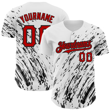 Custom White Red-Black 3D Pattern Design Abstract Splash Authentic Baseball Jersey