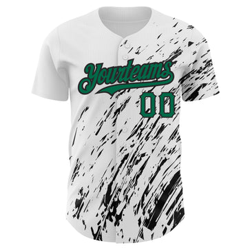 Custom White Kelly Green-Black 3D Pattern Design Abstract Splash Authentic Baseball Jersey