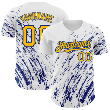 Custom White Gold-Royal 3D Pattern Design Abstract Splash Authentic Baseball Jersey