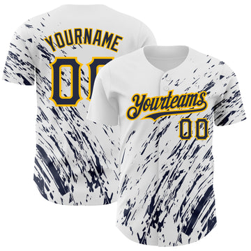 Custom White Navy-Gold 3D Pattern Design Abstract Splash Authentic Baseball Jersey