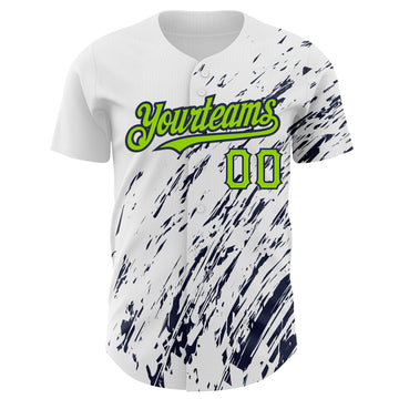 Custom White Neon Green-Navy 3D Pattern Design Abstract Splash Authentic Baseball Jersey