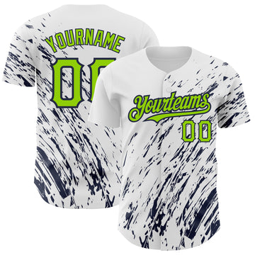 Custom White Neon Green-Navy 3D Pattern Design Abstract Splash Authentic Baseball Jersey