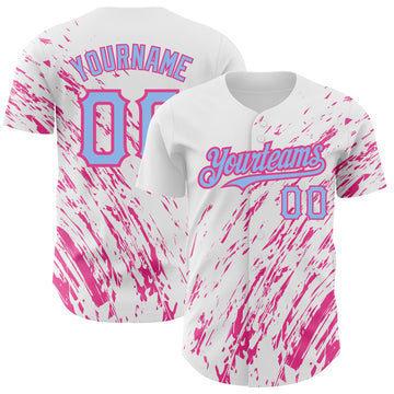 Custom White Light Blue-Pink 3D Pattern Design Abstract Splash Authentic Baseball Jersey