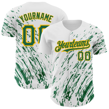 Custom White Kelly Green-Gold 3D Pattern Design Abstract Splash Authentic Baseball Jersey