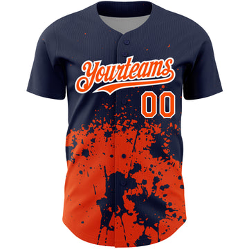 Custom Navy Orange-White 3D Pattern Design Abstract Splash Grunge Art Authentic Baseball Jersey