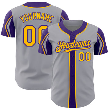 Custom Gray Gold-Purple 3 Colors Arm Shapes Authentic Baseball Jersey