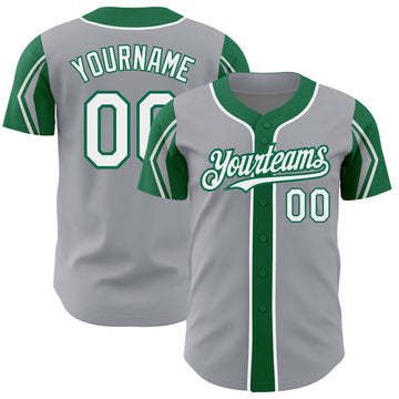 Custom Gray White-Kelly Green 3 Colors Arm Shapes Authentic Baseball Jersey