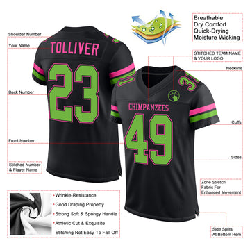 Custom Black Neon Green-Pink Mesh Authentic Football Jersey