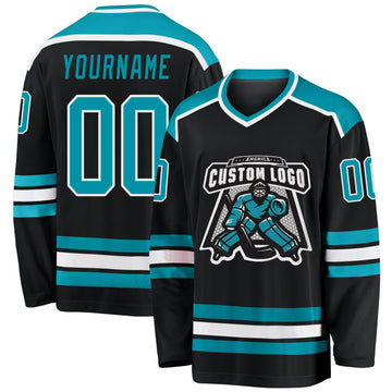 Custom Black Teal-White Hockey Jersey