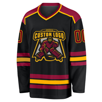 Custom Black Maroon-Gold Hockey Jersey